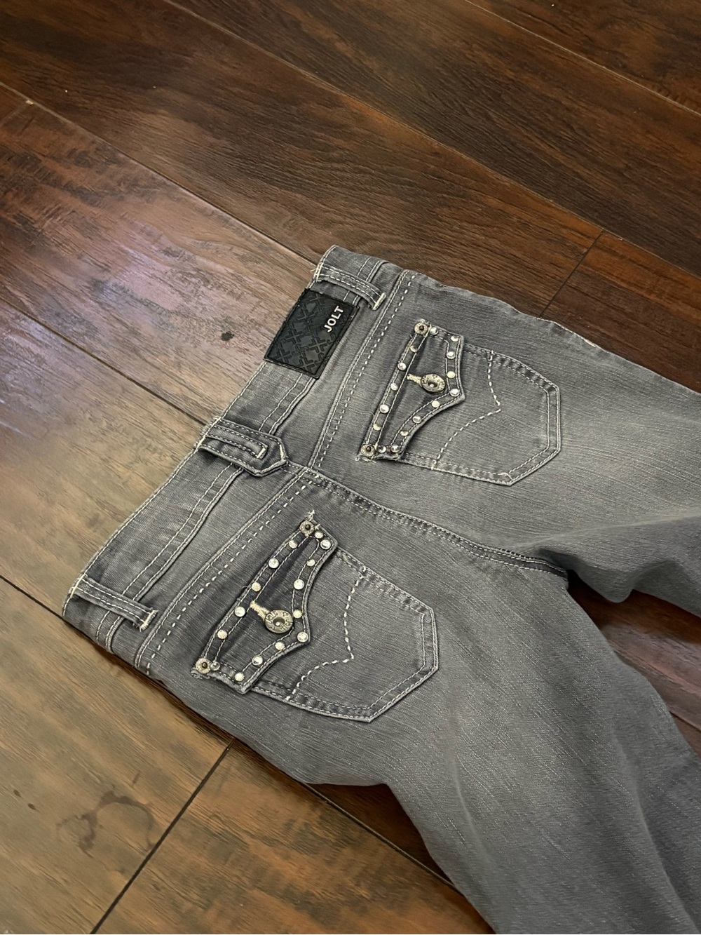Jolt Girls Gray Denim Bootcut Jeans Size 12 Studded Button Solid